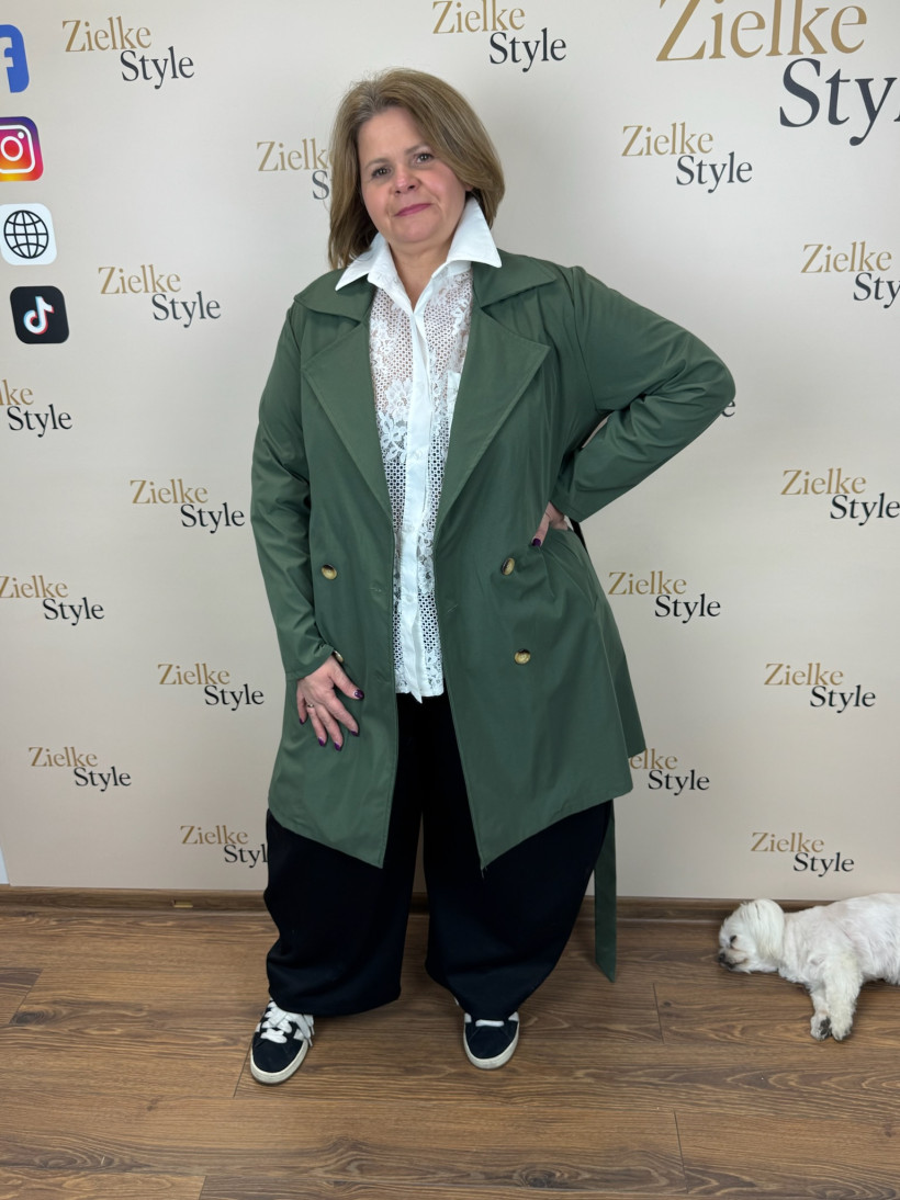 Italia nr 8 - Płaszczyk trencz dwurzędowy, jednokolorowy wiązany - 36692 - khaki