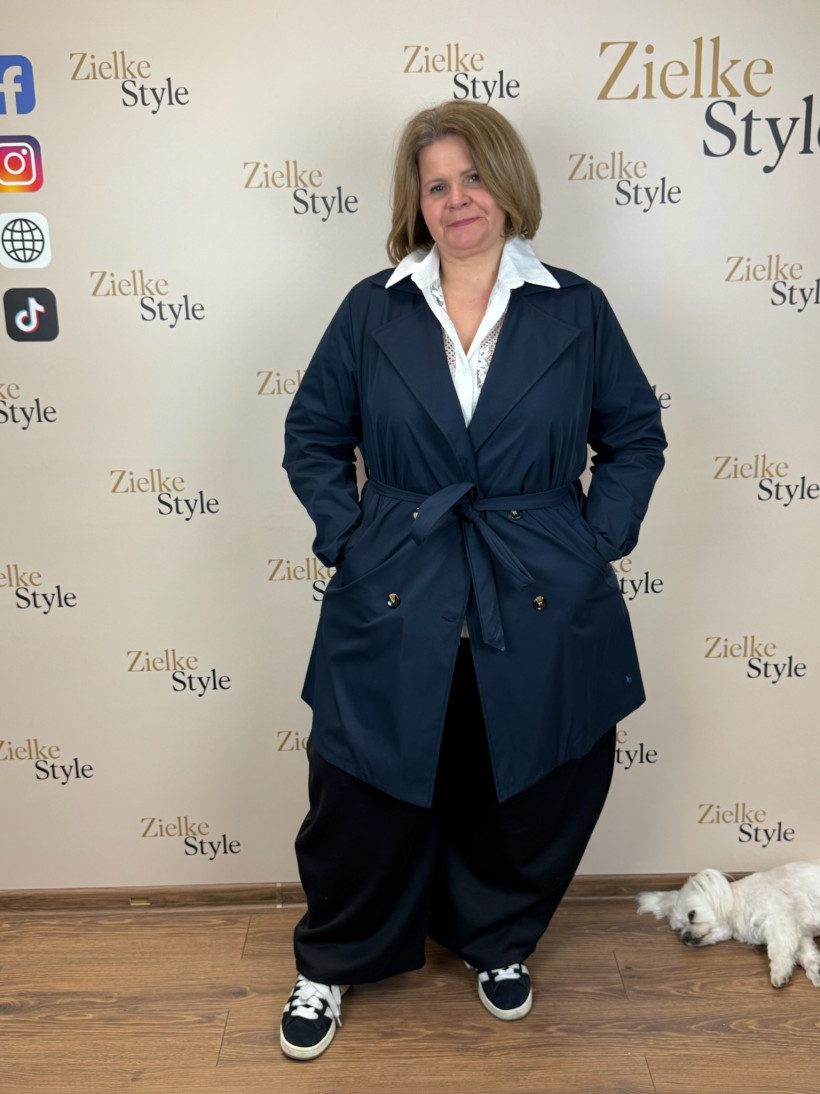 Italia nr 8 - Płaszczyk trencz dwurzędowy, jednokolorowy wiązany - 36692 - granat