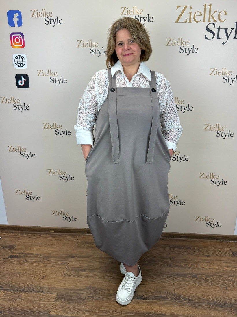 Italia nr.8 - Sukienka jednokolorowa na szelkach - 25283 - fango