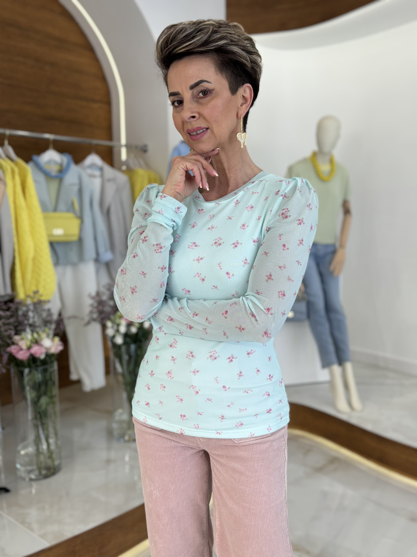 bluzka SIATKA - mięta + różowe kwiatki