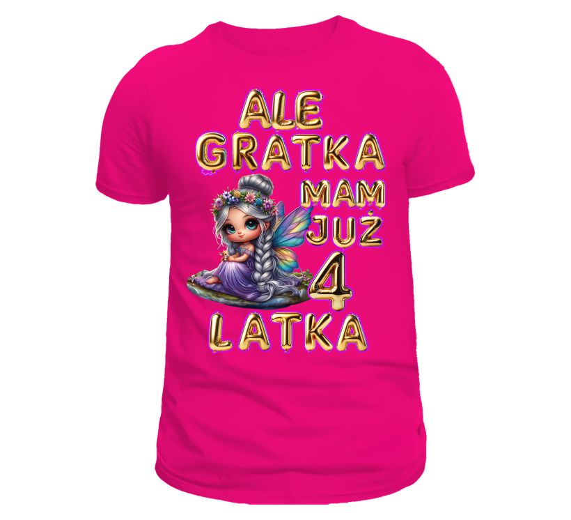 T-shirt różowy urodzinowy ale gratka mam już 4 latka wróżka fiolet