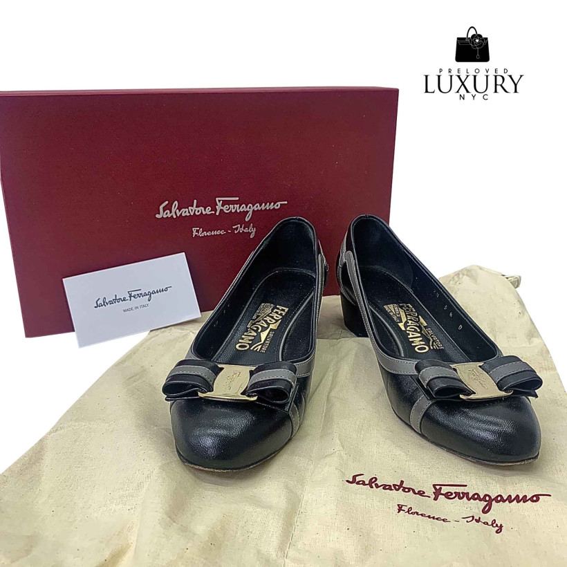 FERRAGAMO Black Grey Shoes Pumps Vara Leather