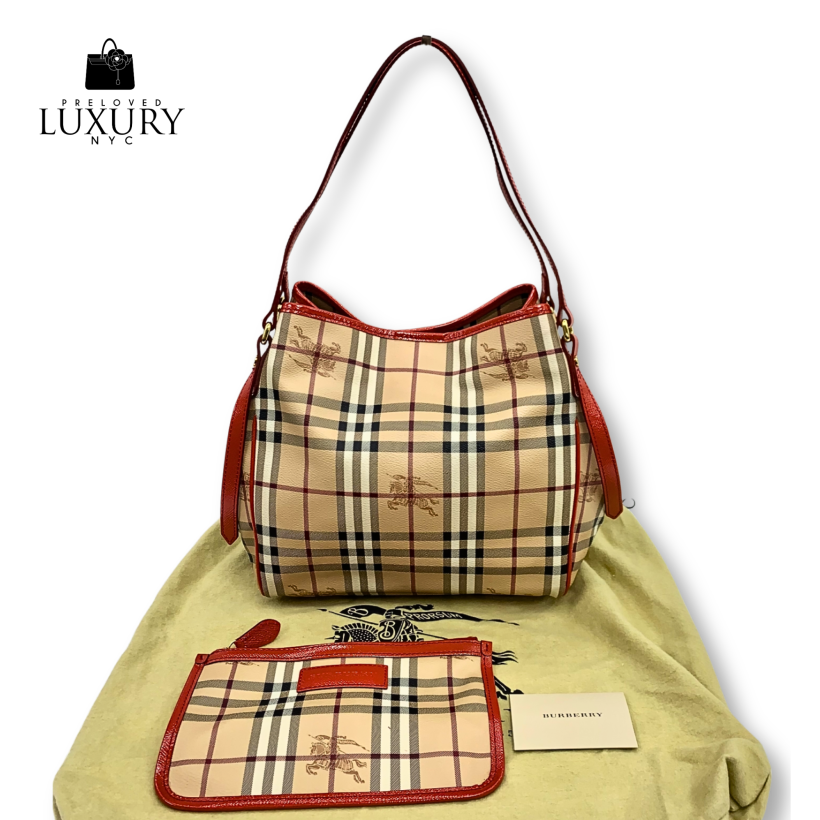 BURBERRY Red/Brown Bag London Patent/PVC Nova Checkered Tote With Pouch Red Tote Bag