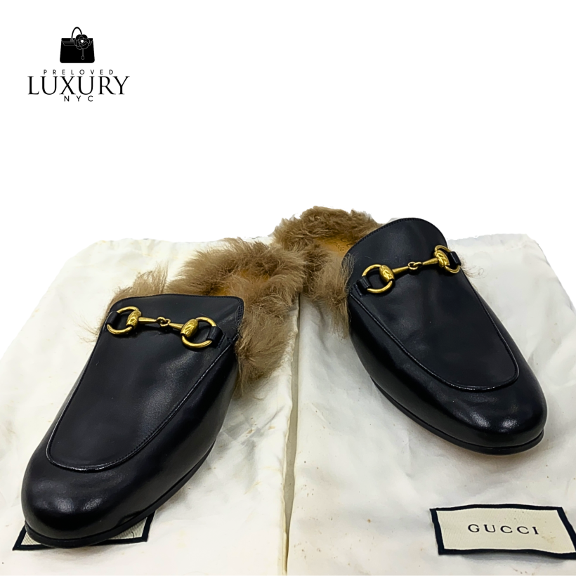 GUCCI Black Slip Ons Horsebit Fur Shoes