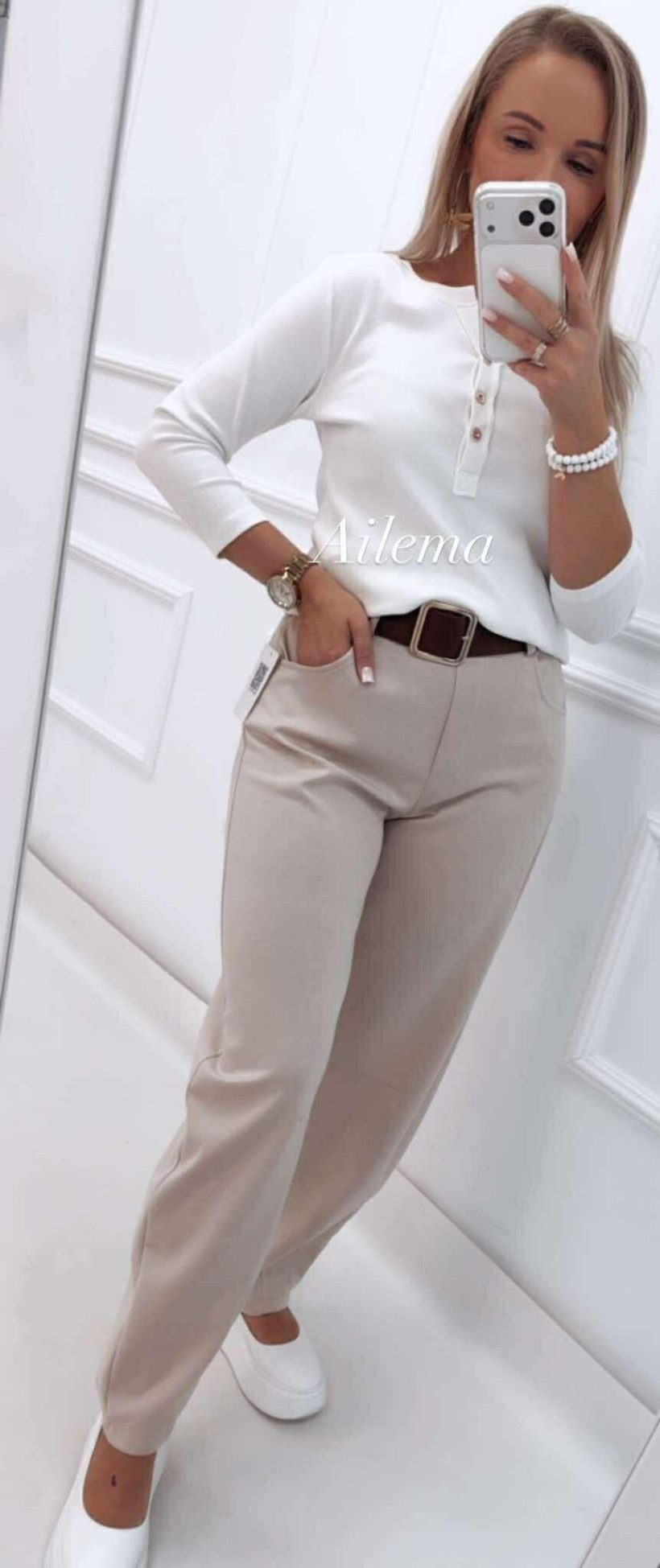 Spodnie masełko z kieszeniami brązowy pasek