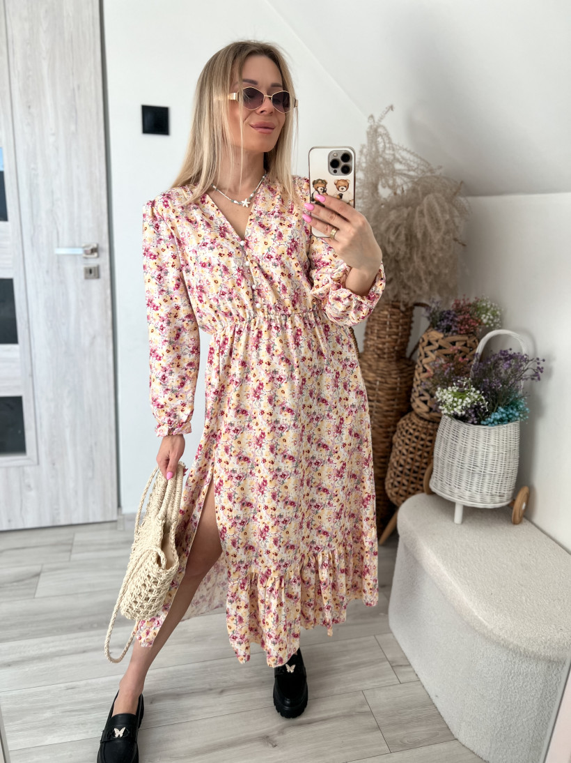 Sukienka guziki długa w kwiaty