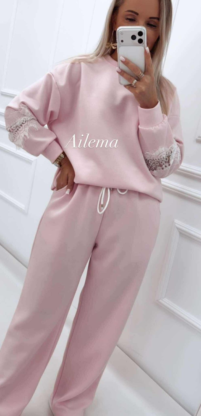 Komplet masełko KM68 bluza z koronkowymi wstawkami i spodnie szeroka nogawka