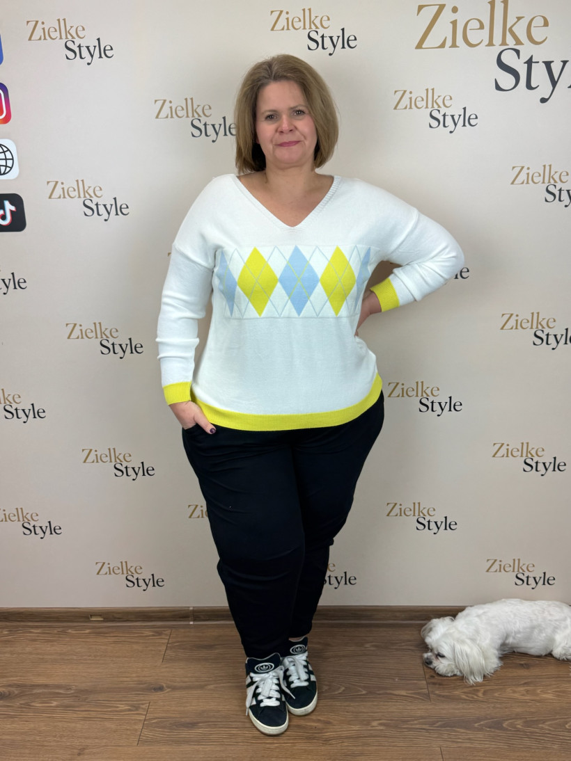 Sweterek w serek, pas rombów, livans - 86 - śmietankowy z żółtym