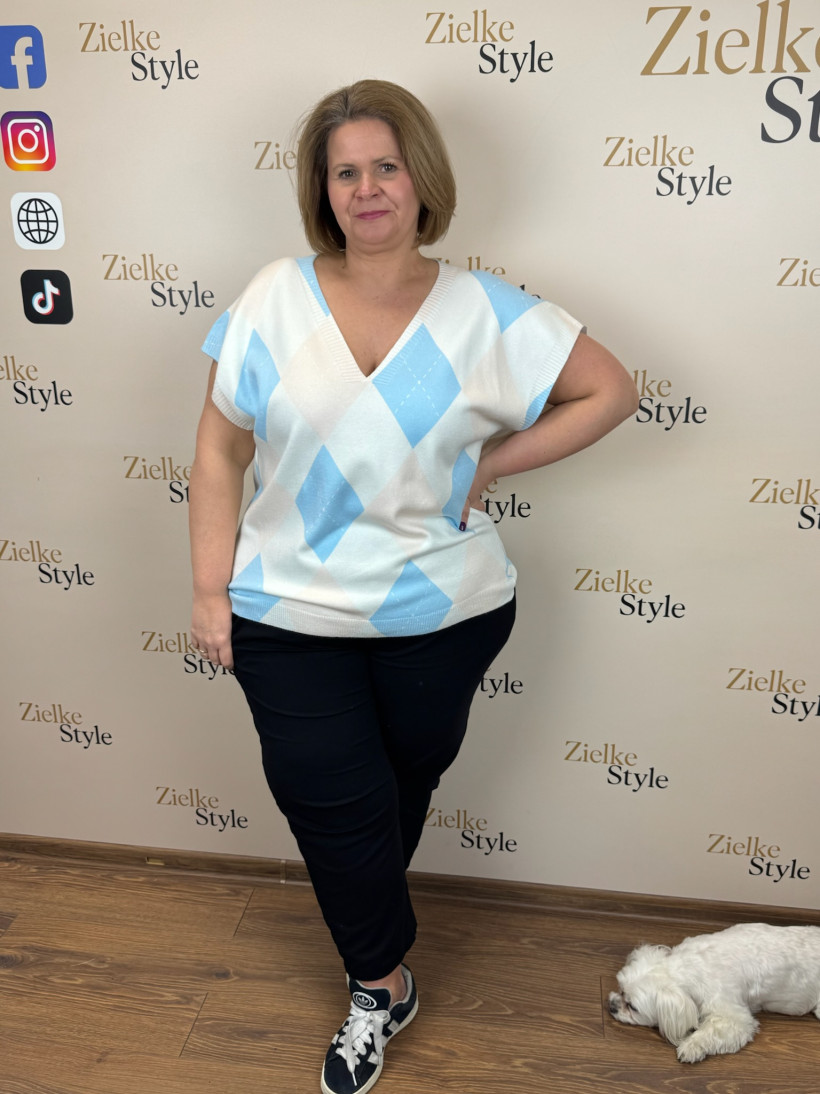 Italia nr 8 - Kamizelka sweterkowa, romby - 18007 -śmietankowa z błękitem i beżem /przerywane linie - większa