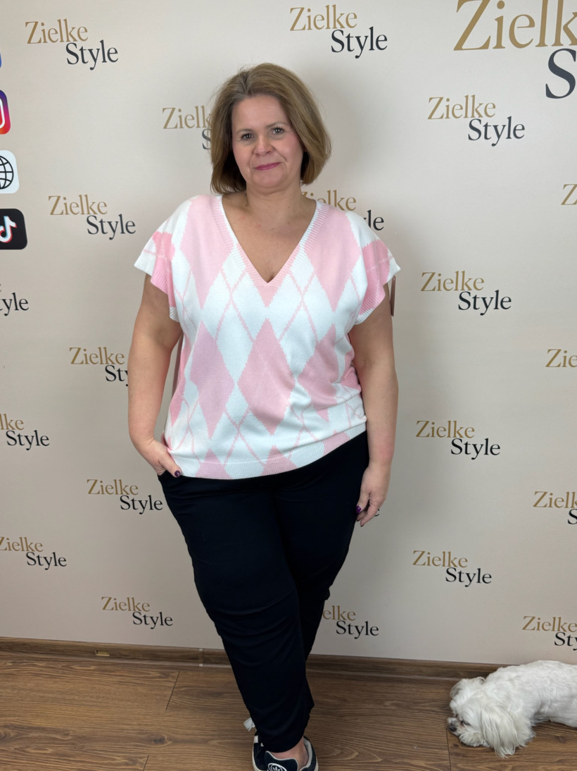 Italia nr 8 - Kamizelka sweterkowa, romby -  18007 // 18000 - pudrowy róż z białym - medium