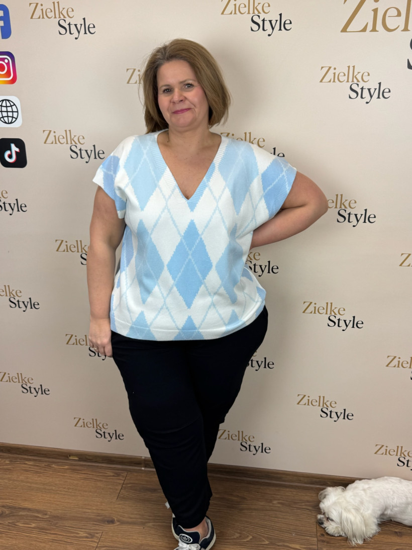 Italia nr 8 - Kamizelka sweterkowa, romby -  18007/18000 - błękitna z białym - medium