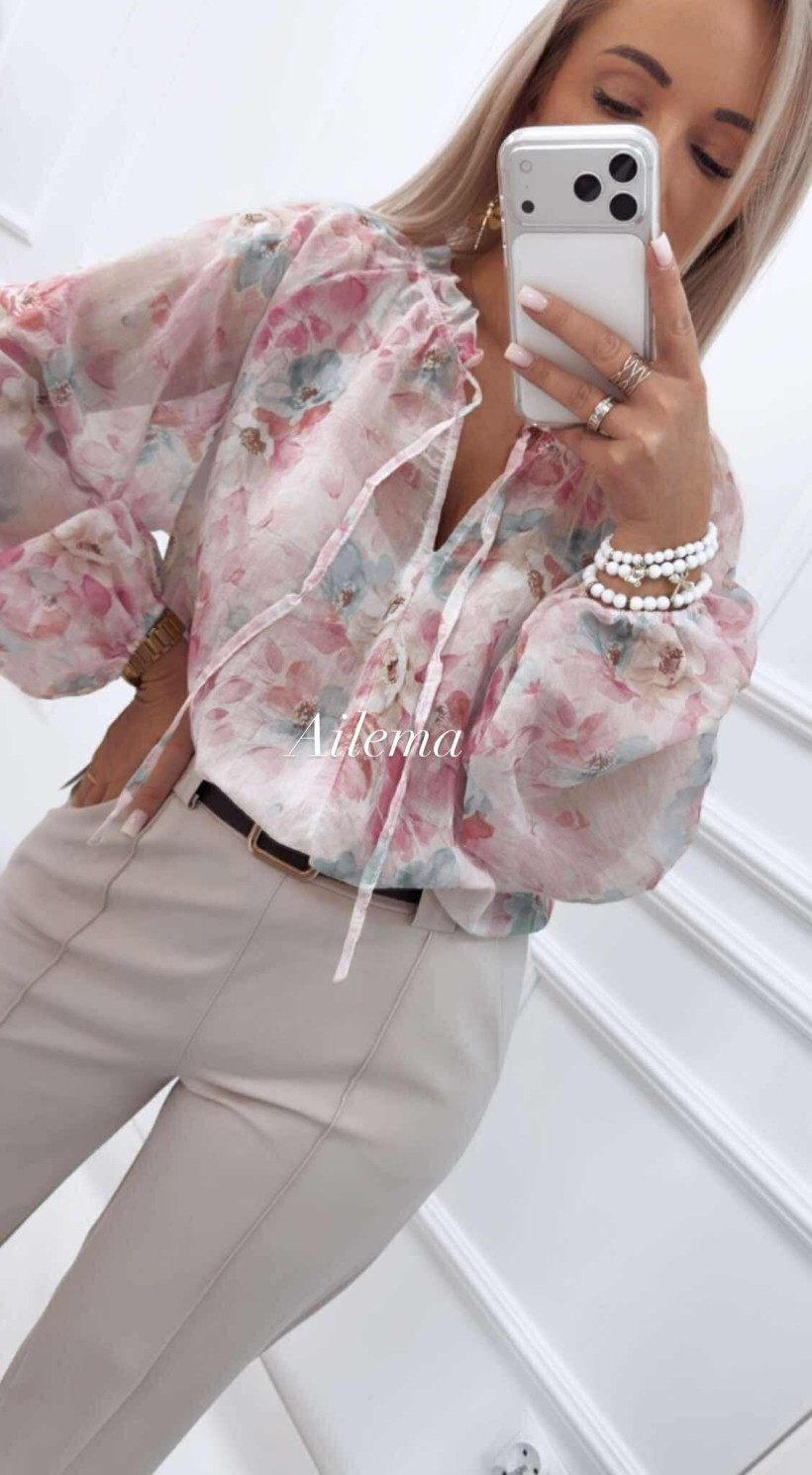 Koszula mgiełka w kwiaty KS58 falbanka przy dekolcie