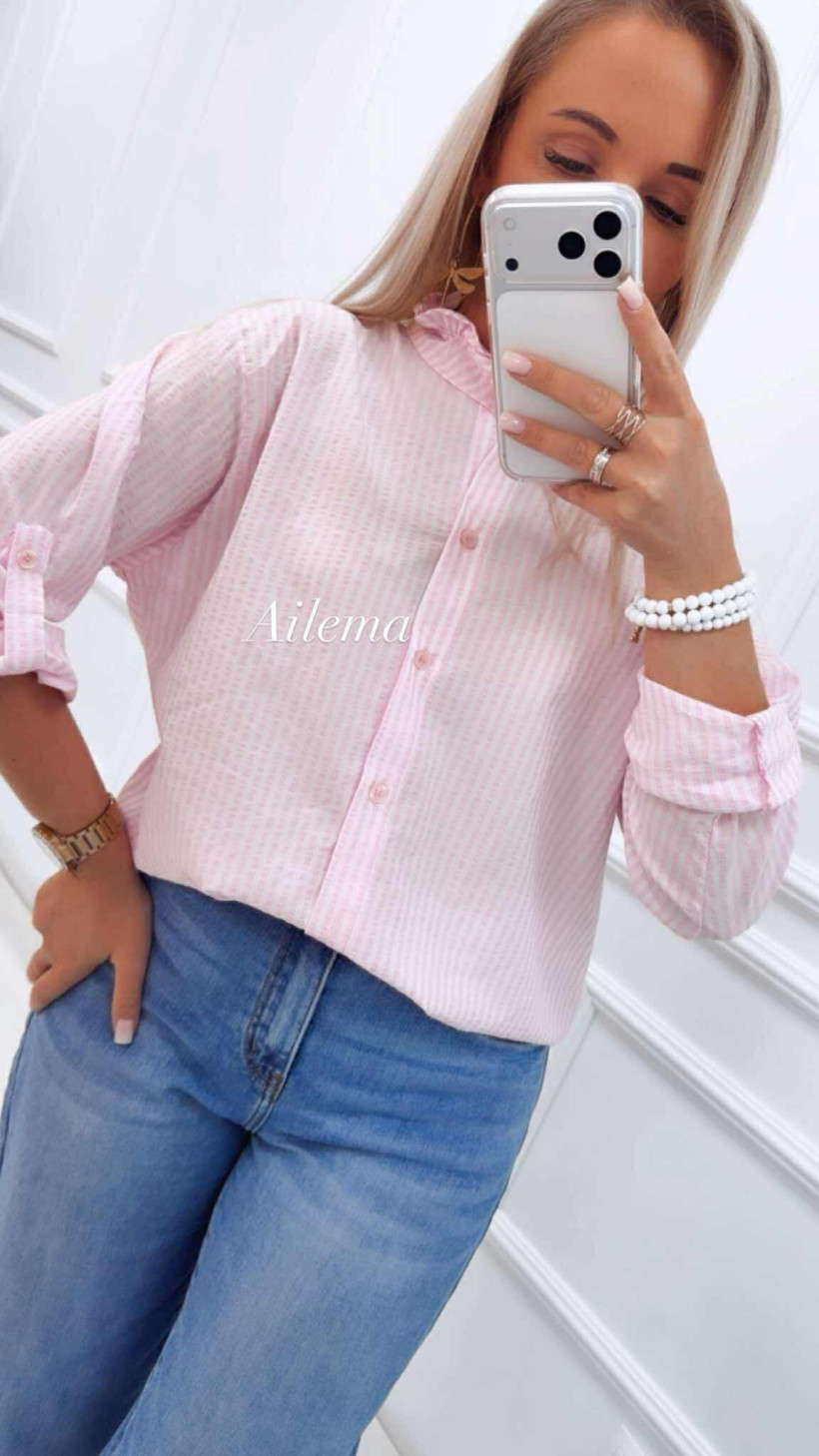 Koszula ze stójką zakończoną falbanką KS55 w paski