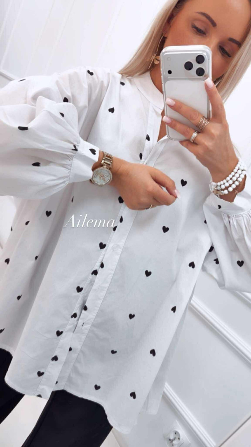 Długa koszula w serduszka KS64 bufiasty rękaw