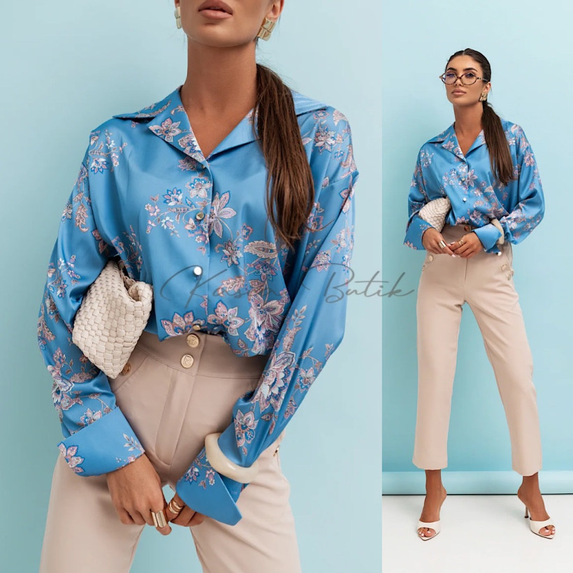 Koszula Satynowa Maddie Niebiesko&Beżowe Kwiaty