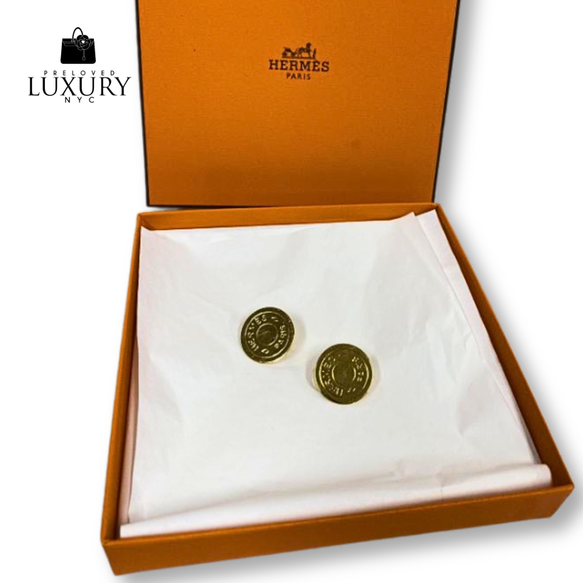 HERMES Clou De Selle Gold Tone Button Motif Clip-On Earrings