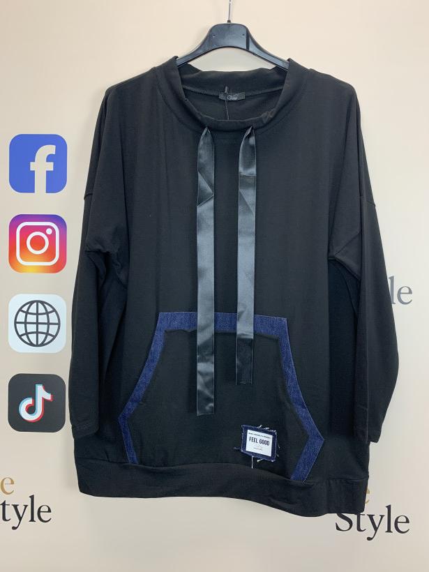 Bluza/Bluzka z kieszenią , tasiemka przy dekoldzie, veso - 9168 - czarna