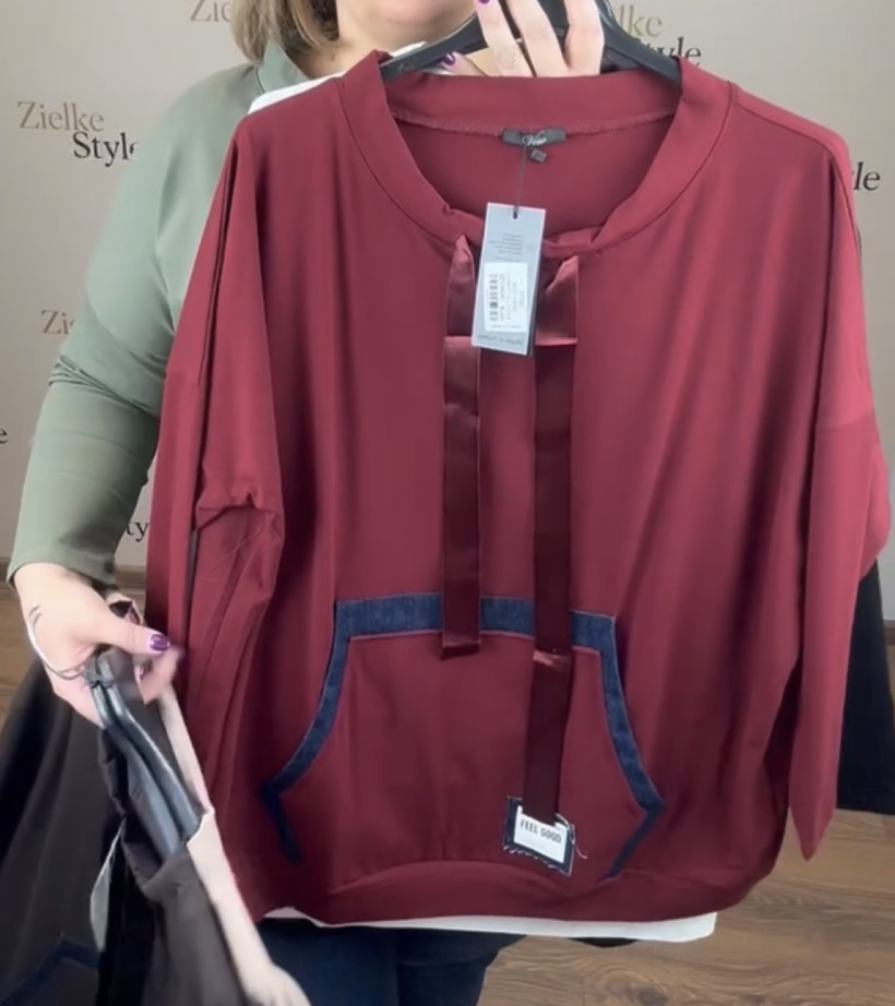Bluza/Bluzka z kieszenią , tasiemka przy dekoldzie, veso - 9168 - bordo
