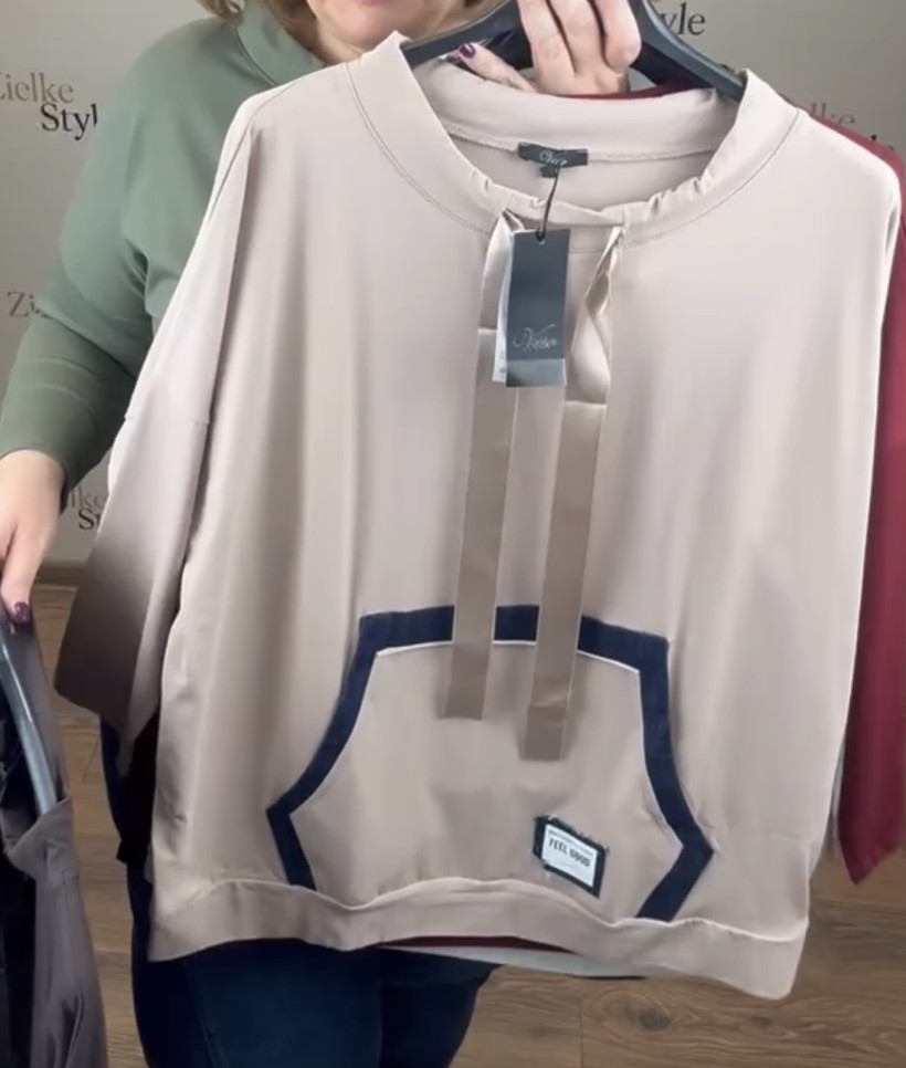 Bluza/Bluzka z kieszenią , tasiemka przy dekoldzie, veso - 9168 - beż