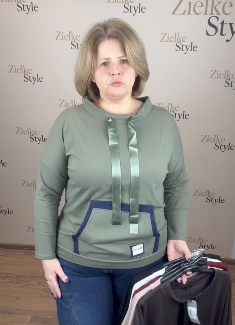 Bluza/Bluzka z kieszenią , tasiemka przy dekoldzie, veso - 9168 - khaki