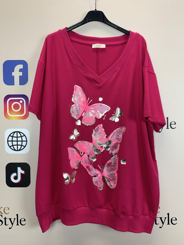 Bluzka jednokolorowa w serek, wzór motyle ww - 14408 - fuksja