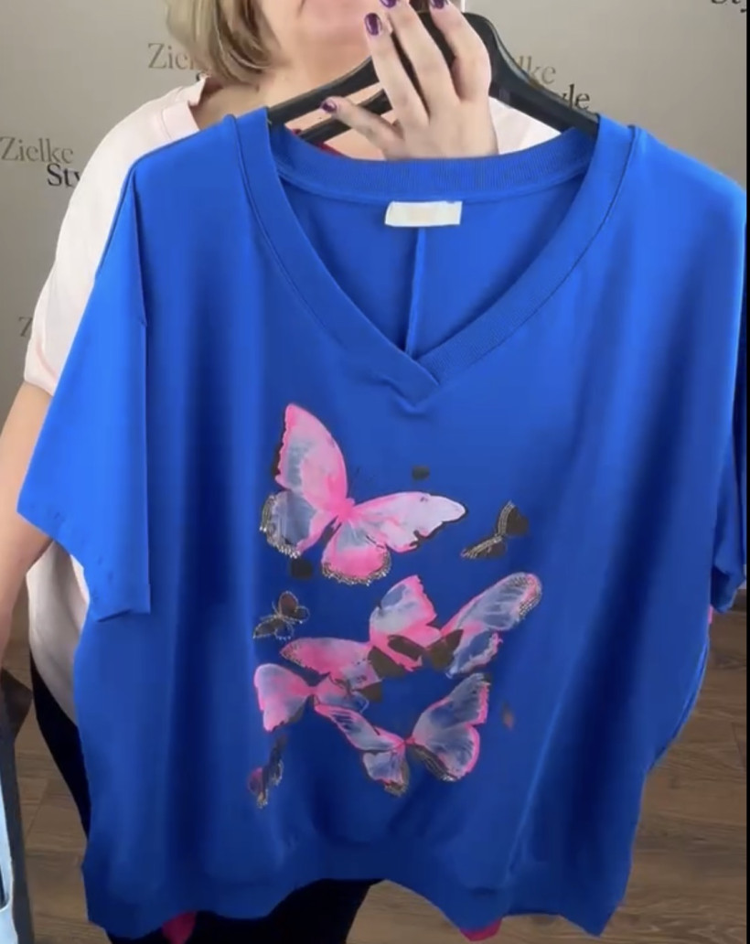 Bluzka jednokolorowa w serek, wzór motyle ww - 14408 - chaber