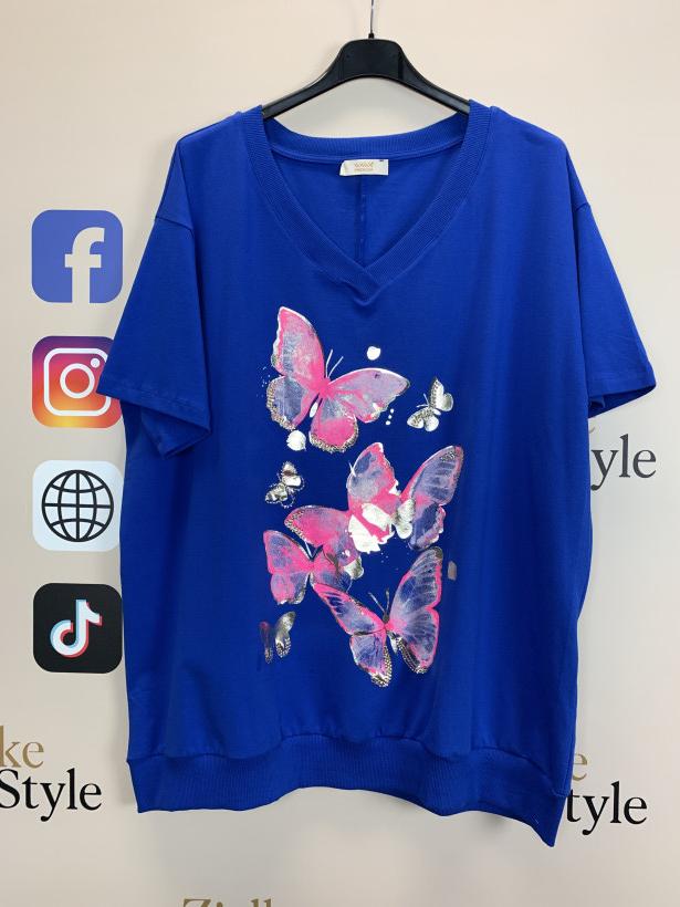 Bluzka jednokolorowa w serek, wzór motyle ww - 14408 - chaber