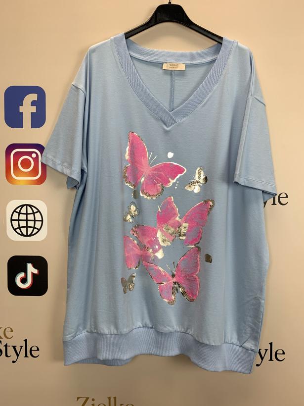 Bluzka jednokolorowa w serek, wzór motyle ww - 14408 - błękit