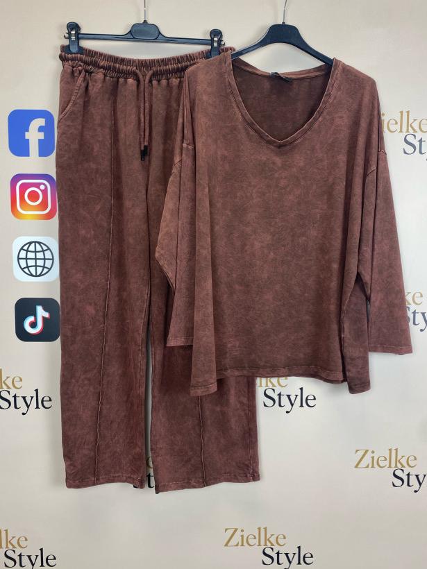 Komplet bluzka + spodnie na gumie szeroka nogawka, dekatyzowane, ww - 3714 - cegła