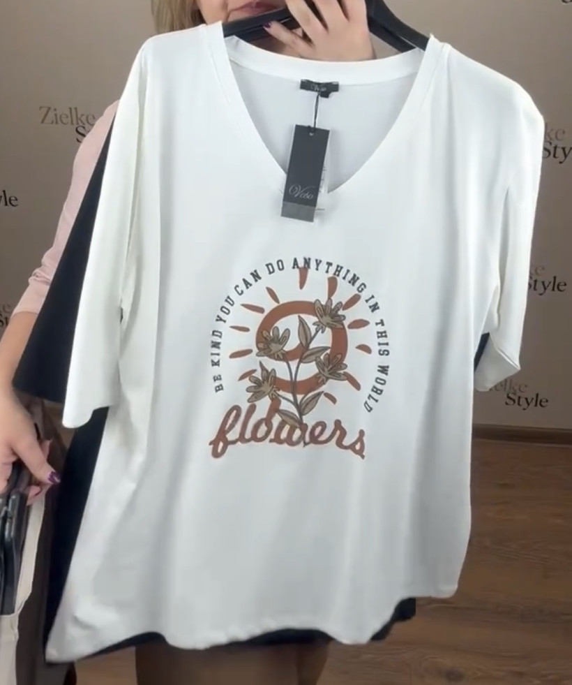 Bluzka w serek jednokolorowa, kwiatki veso - 9307 - biała