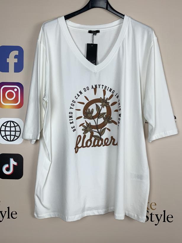 Bluzka w serek jednokolorowa, kwiatki veso - 9307 - biała