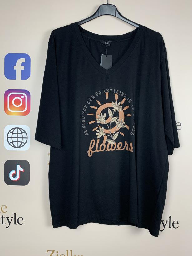 Bluzka w serek jednokolorowa, kwiatki veso - 9307 - czarna