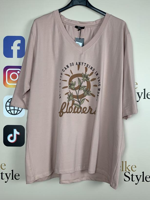 Bluzka w serek jednokolorowa, kwiatki veso - 9307 - puder