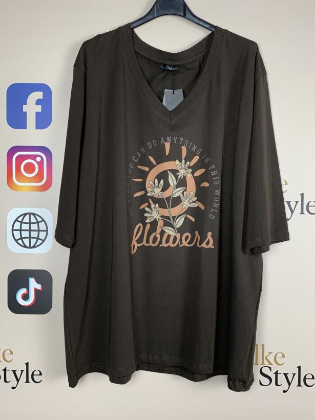 Bluzka w serek jednokolorowa, kwiatki veso - 9307 - czekolada