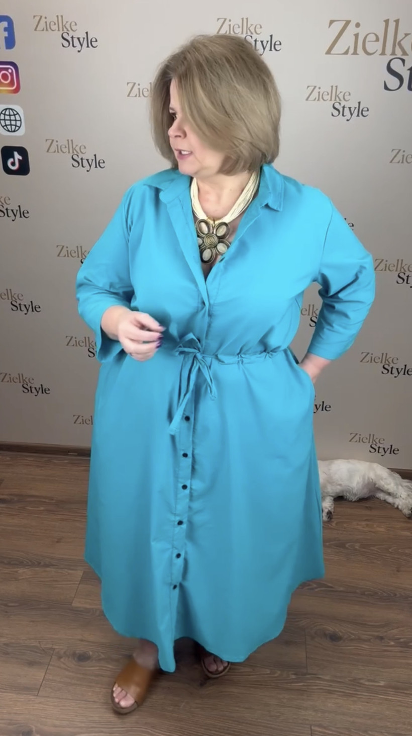 Sukienka koszulowa wiązany pas jednokolorowa, zentex 4XL  - 7074 - turkus