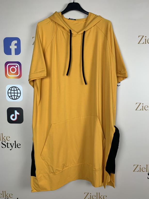 Tunika z kapturem i kieszenią z przodu jednokolorowa, seraj - 3733 - musztarda
