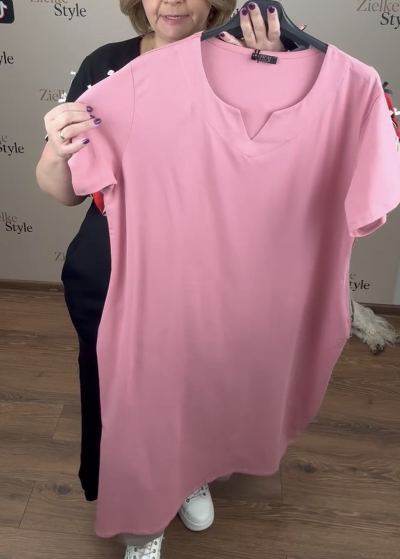 Sukienka maxi łezka przy dekoldzie, kokardki na rekawie, seraj - 3476 - pudrowa