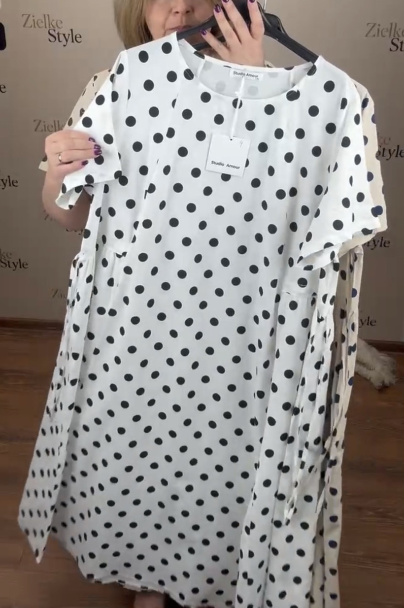 Sukienka wiązane boki w pasie, kropki, amour (m/l, l/xl) - 3131 - biała z czarnym