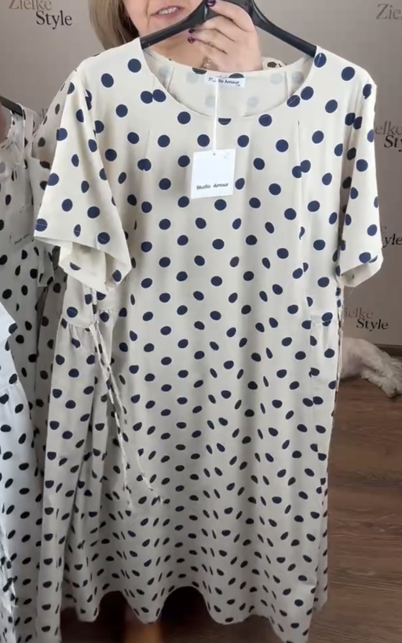 Sukienka wiązane boki w pasie, kropki, amour (m/l, l/xl) - 3131 - beż z granatem