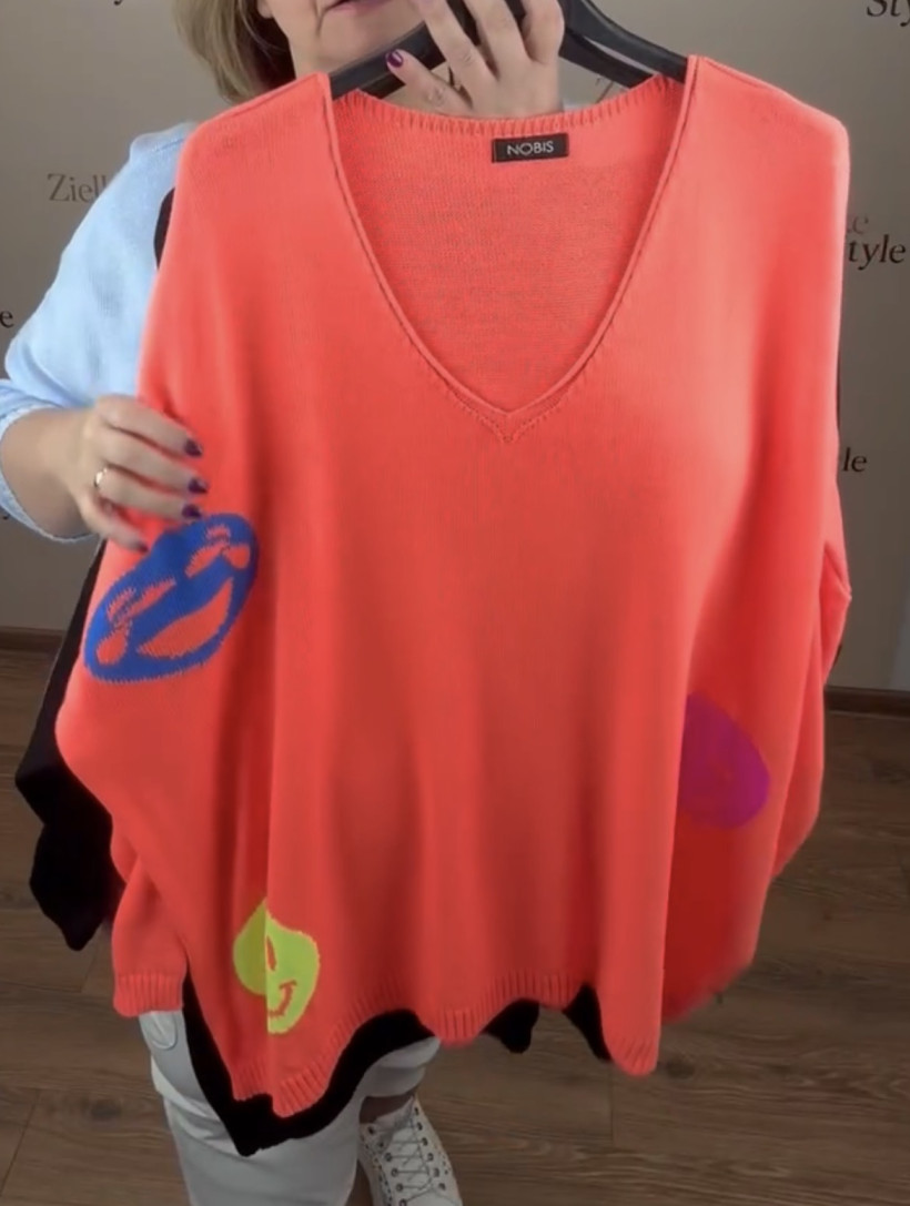 Sweter w serek, emotki neonowe - 102603 - neonowy pomarańcz