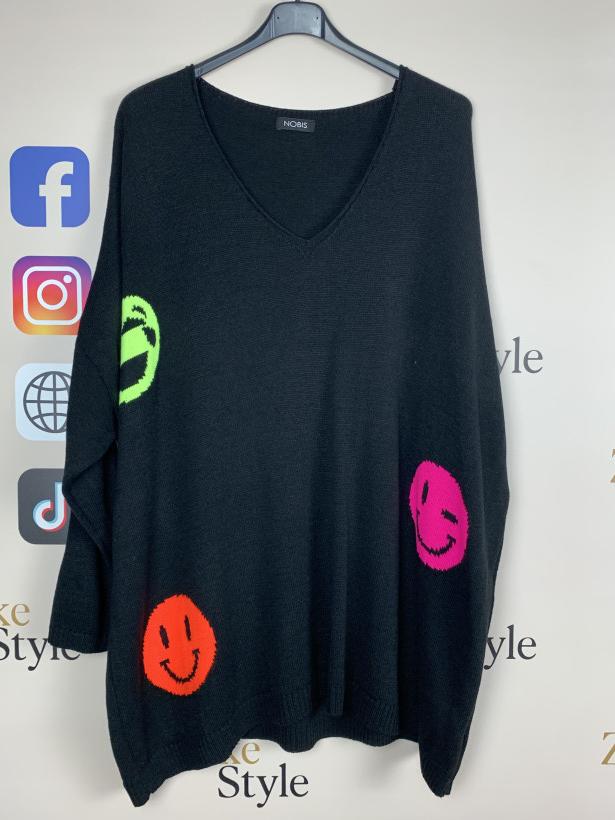 Sweter w serek, emotki neonowe - 102603 - czarny