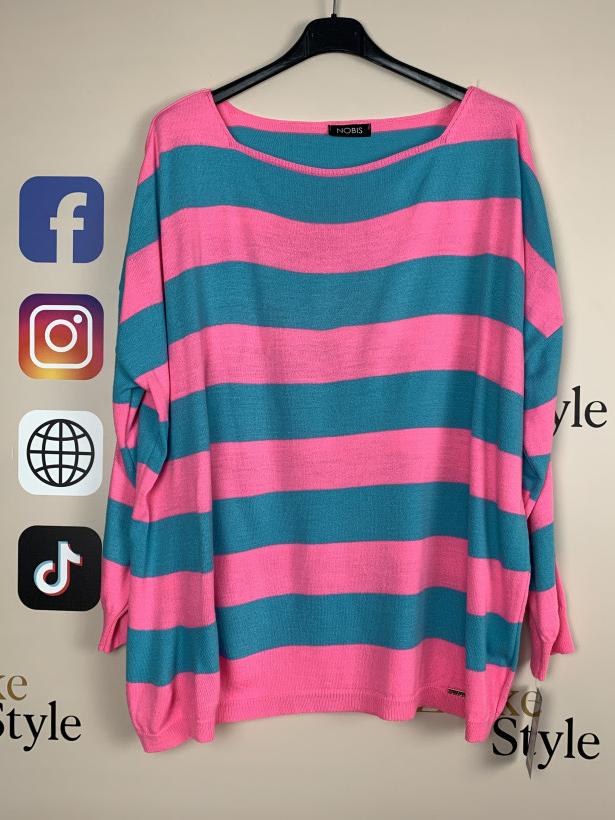 Sweterek w pasy - 14908 - róż z turkusem