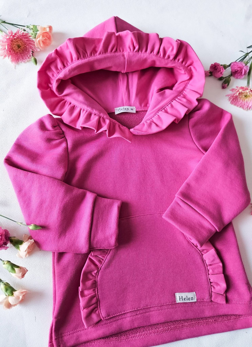 BLUZA KANGURKA FUKSJA Z FALBANKĄ PRZY KAPTURZE I KIESZENI HELEN (mięsista dresówka pętelka)