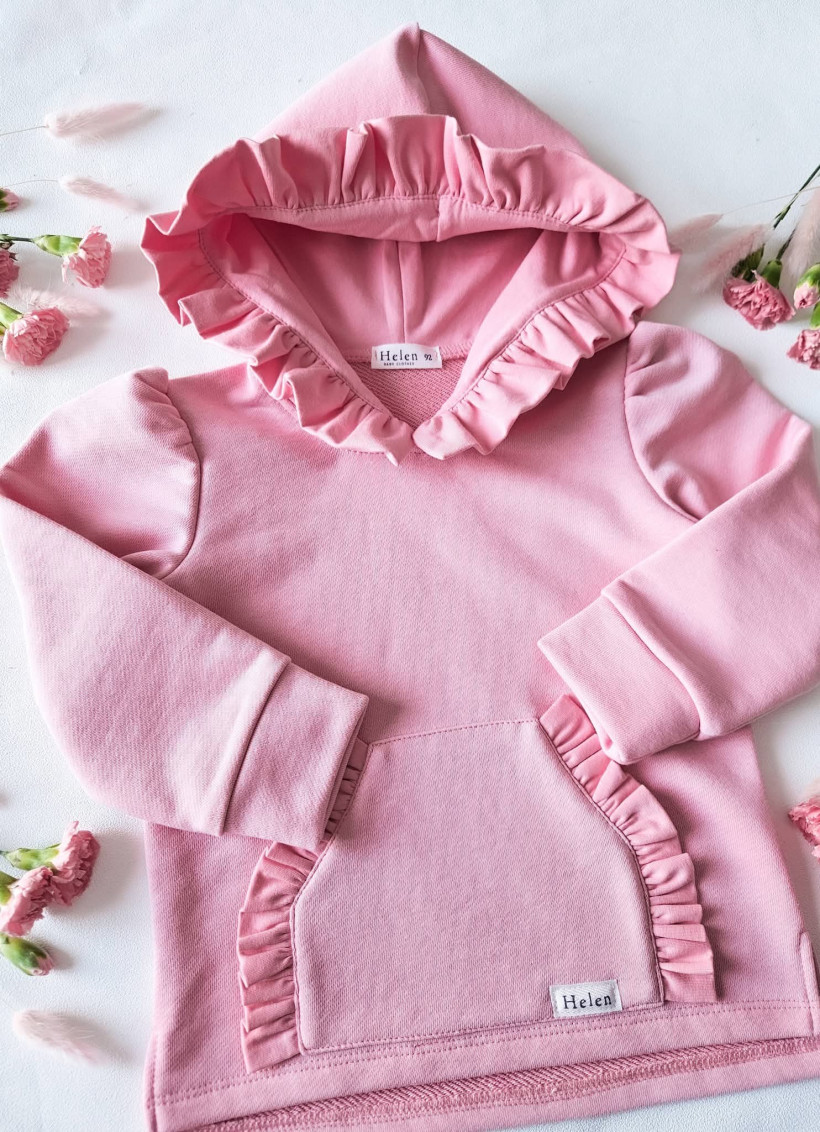 BLUZA KANGURKA JASNY RÓŻ Z FALBANKĄ PRZY KAPTURZE I KIESZENI HELEN (mięsista dresówka pętelka)