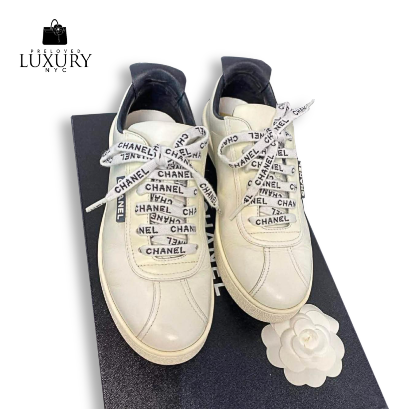 CHANEL White Leather CC Logo Sneakers Size 36