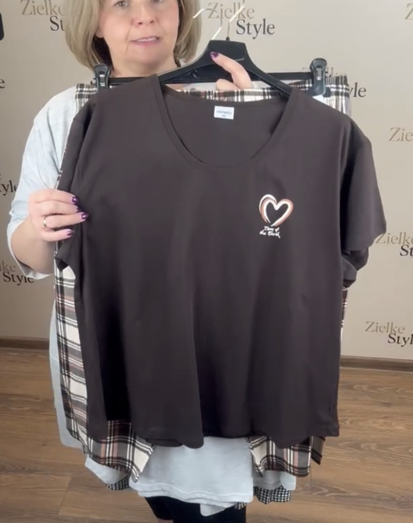 Piżama góra gładka z serduszkiem  + spodnie w kratę- 3xl - 510006 - czekolada