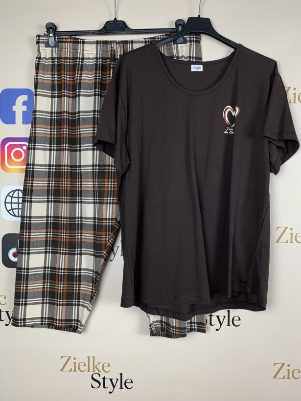 Piżama góra gładka z serduszkiem + spodnie w kratę- 3xl - 510006 - czekolada