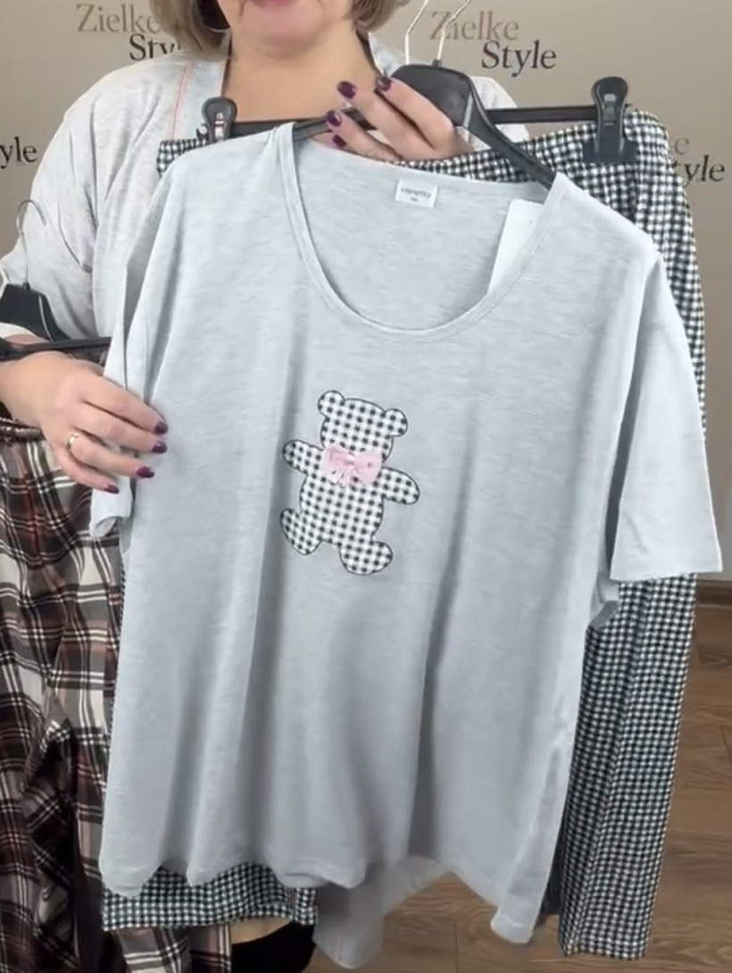 Piżama góra gładka z misiem + spodnie w kratkę- xl - 408504 - popiel