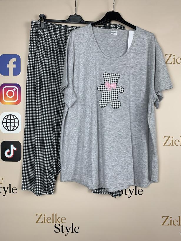 Piżama góra gładka z misiem + spodnie w kratkę- xl - 408504 - popiel