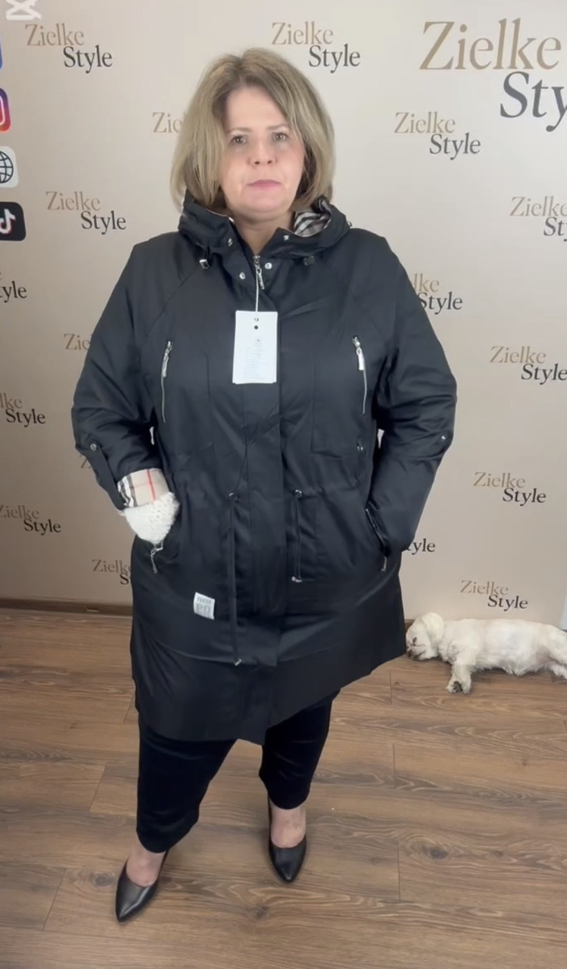 Płaszcz z kapturem wstawka kratka - 48 - 12 - czarna